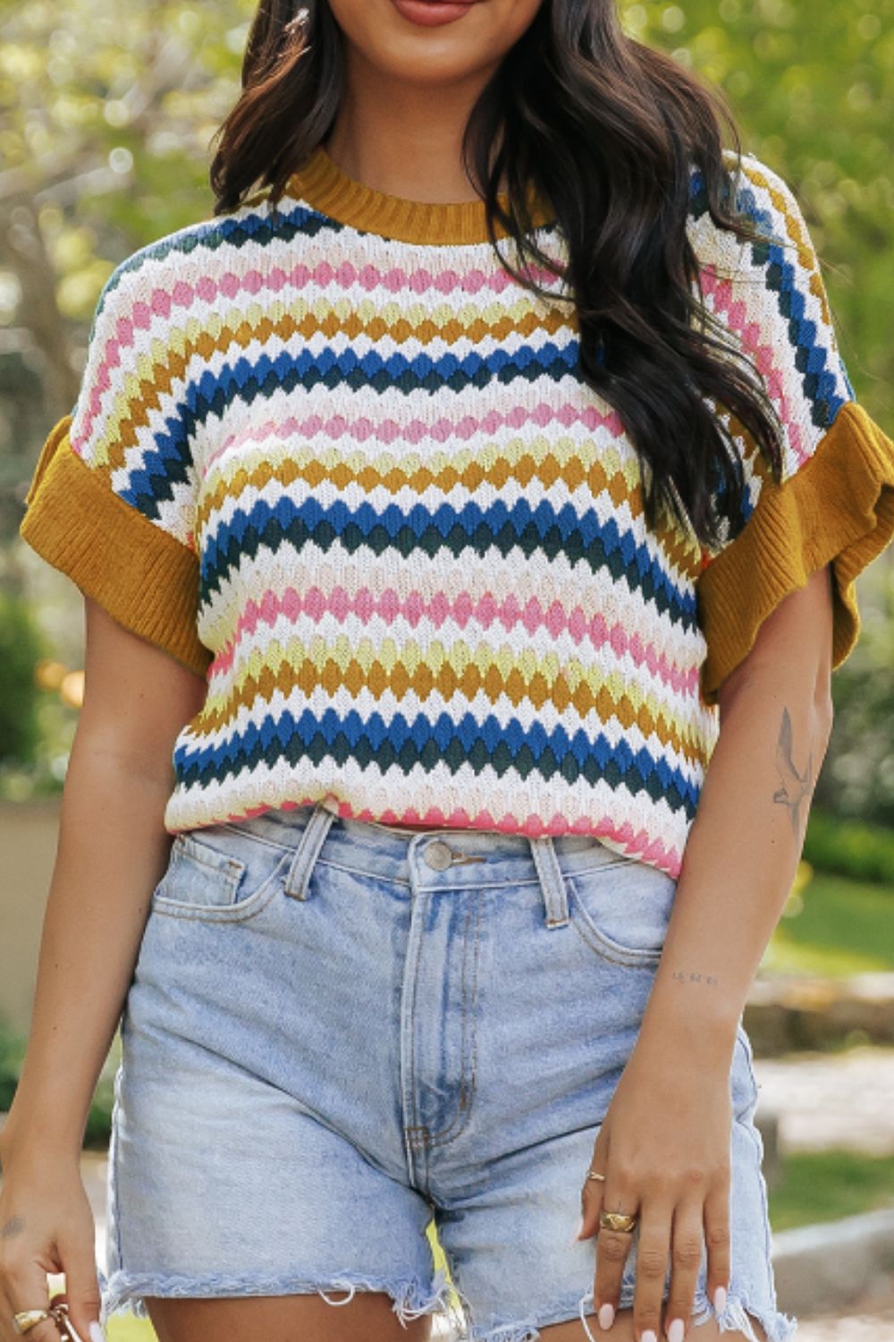 Contrast Round Neck Short Sleeve Sweater