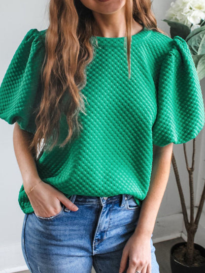 Texture Round Neck Puff Sleeve Blouse