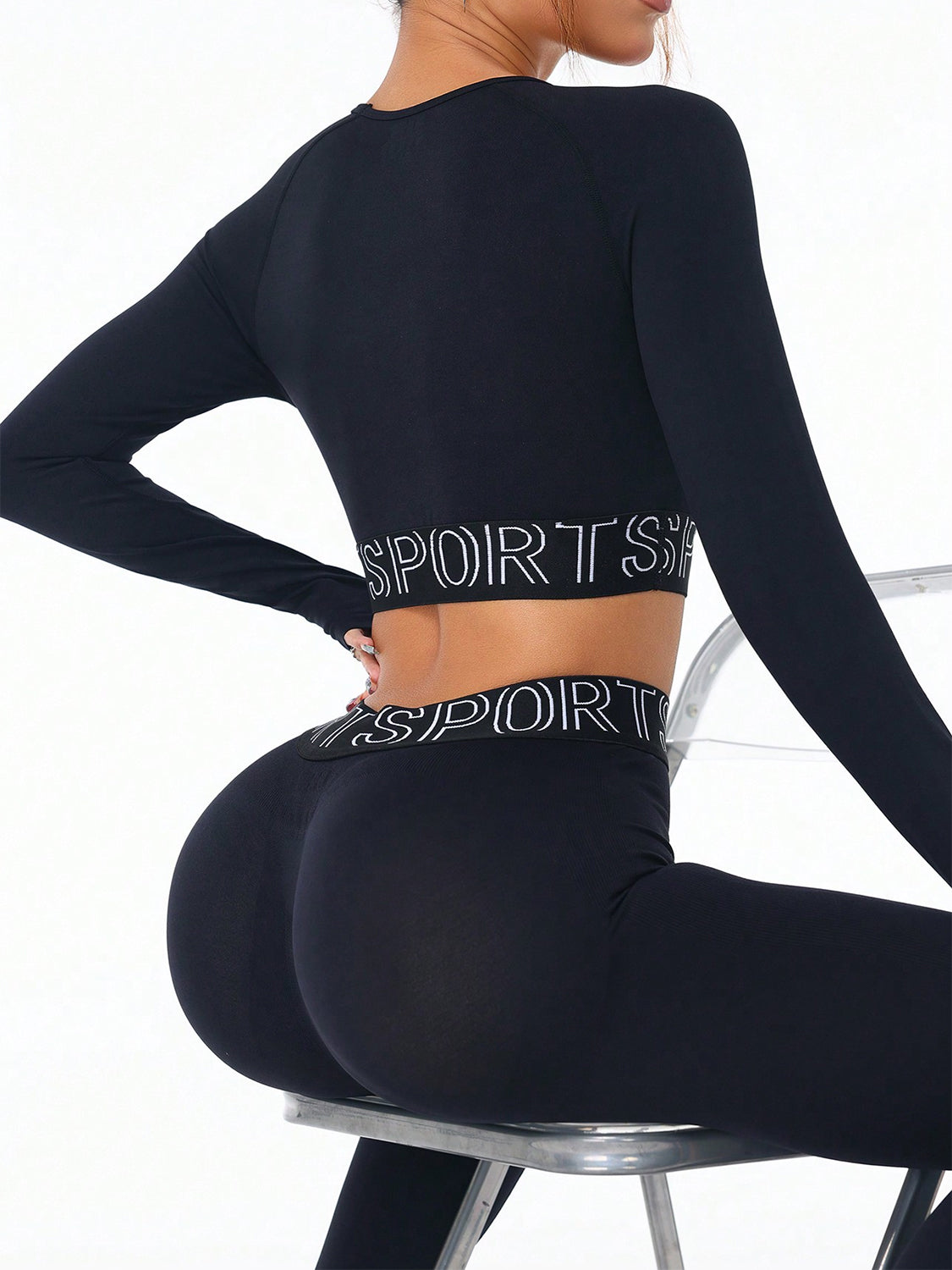 Letter Print Round Neck Long Sleeve Top and Leggings Active Set