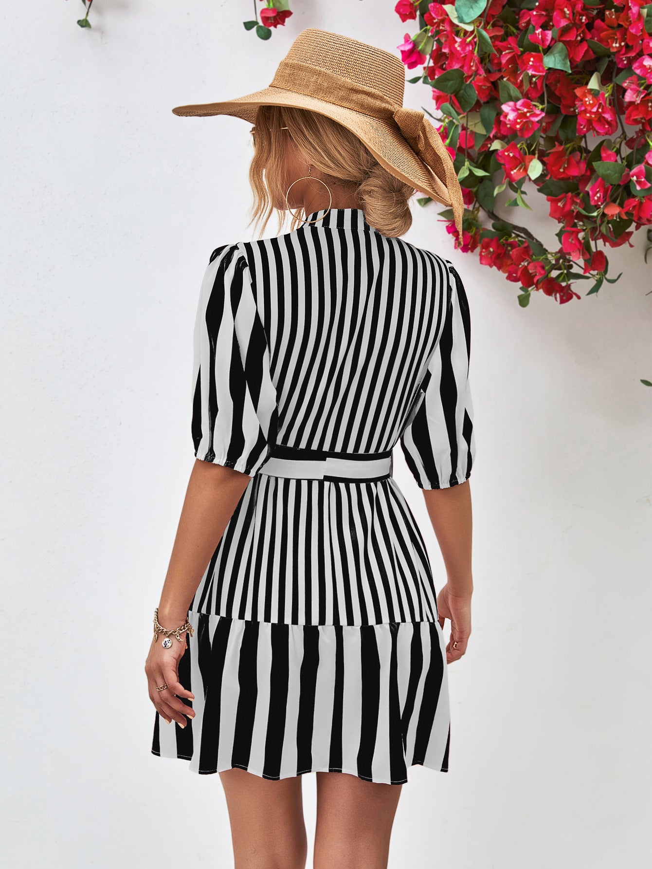 Striped Half Sleeve Tie Waist Mini Dress