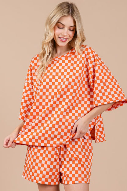 Ces Femme Checkered Round Neck Top and Shorts Set