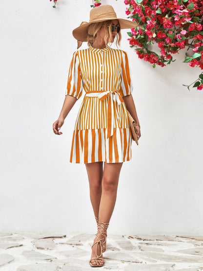 Striped Half Sleeve Tie Waist Mini Dress