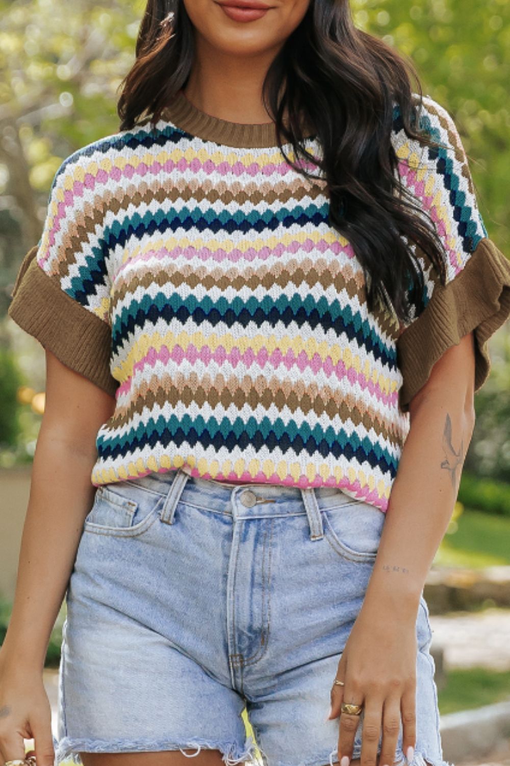 Contrast Round Neck Short Sleeve Sweater