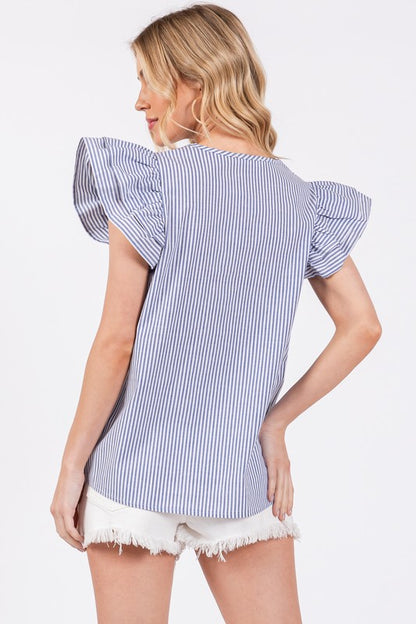 Ces Femme Striped V-Neck Ruffled Cap Sleeve Blouse