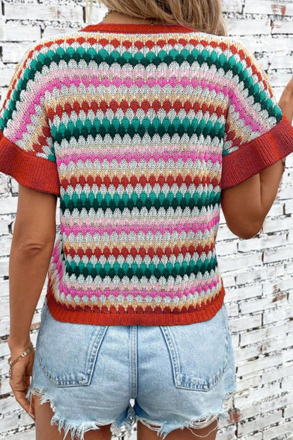 Contrast Round Neck Short Sleeve Sweater