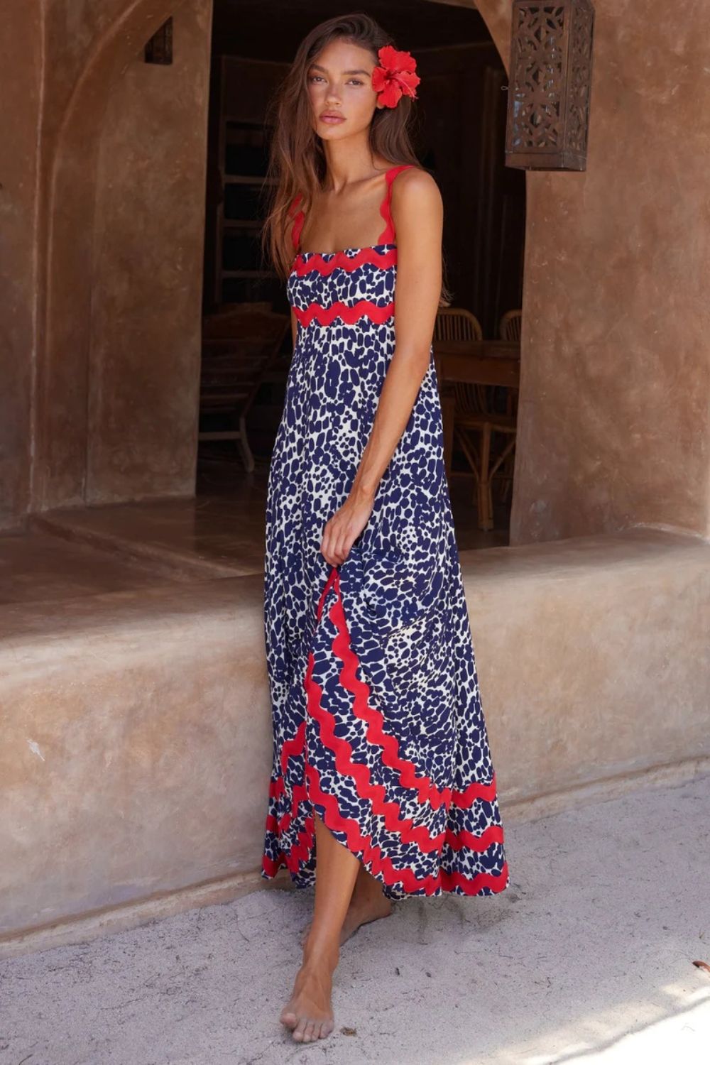 Printed Square Neck Wide Strap Maxi Dress