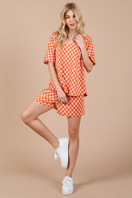 Ces Femme Checkered Round Neck Top and Shorts Set