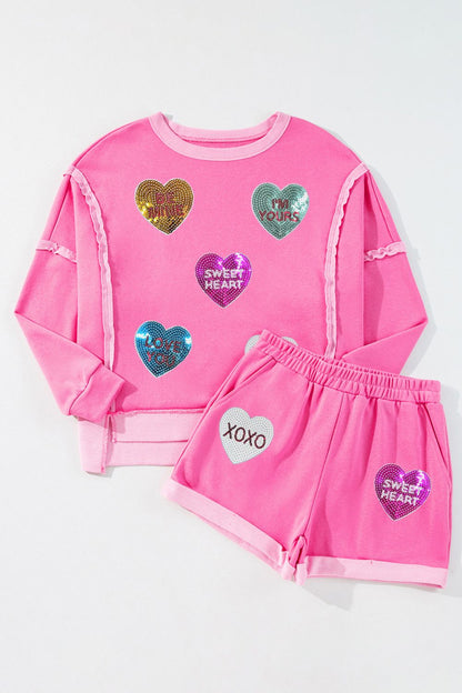 Sequin Heart Round Neck Top and Shorts Set