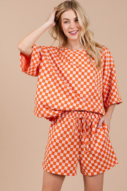 Ces Femme Checkered Round Neck Top and Shorts Set