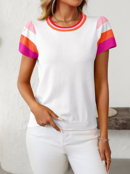 Mandy Contrast Round Neck Short Sleeve Knit Top