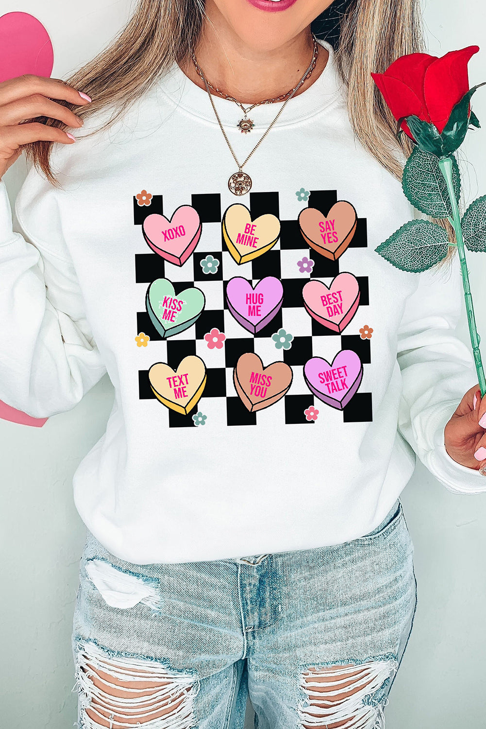 Valentine's Day Checkered Heart Long Sleeve Sweatshirt