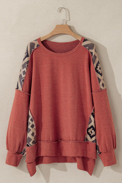 Plus Size Geometric Round Neck Long Sleeve Sweatshirt