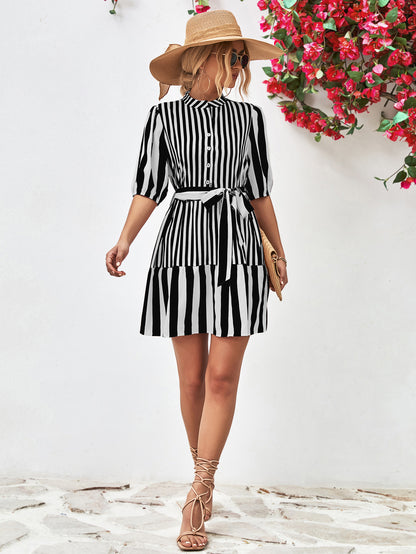 Striped Half Sleeve Tie Waist Mini Dress