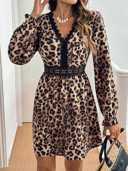 Lace Detail Leopard Flounce Sleeve Mini Dress