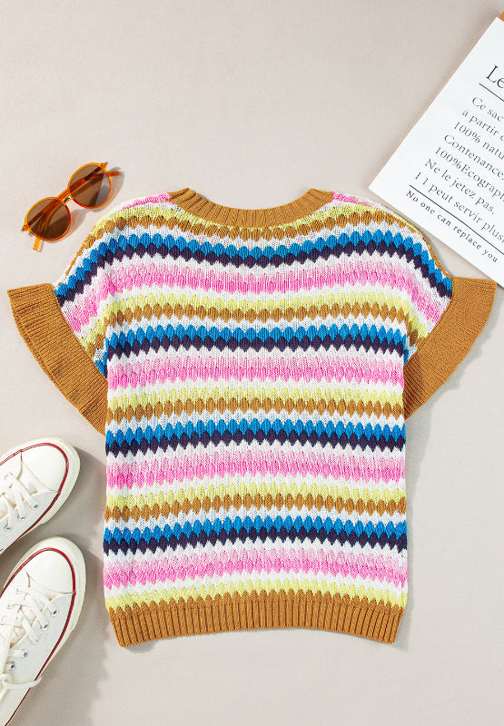 Contrast Round Neck Short Sleeve Sweater