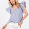 Ces Femme Striped V-Neck Ruffled Cap Sleeve Blouse