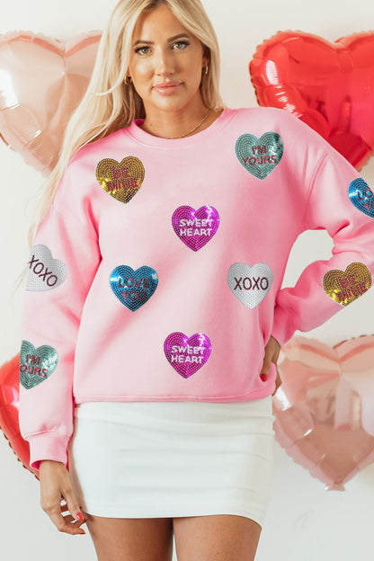 Valentine’s Day Sequin Heart Round Neck Long Sleeve Sweatshirt