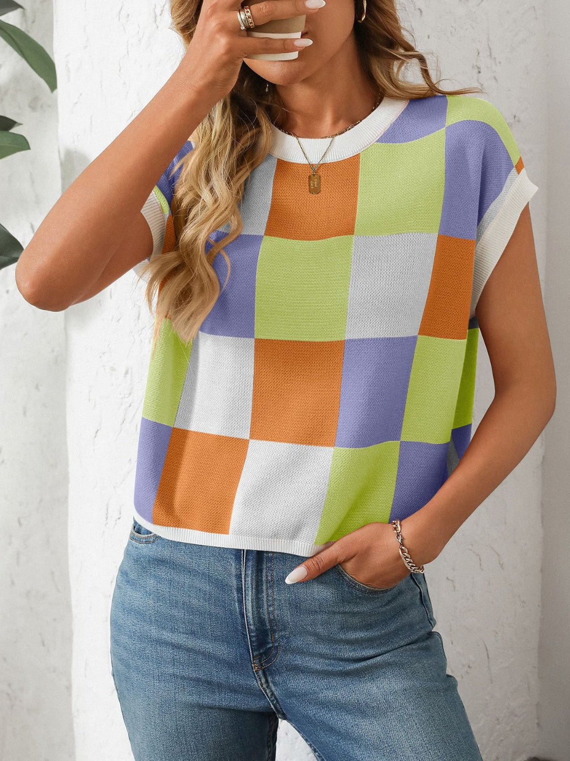 Mandy Checkered Round Neck Cap Sleeve Knit Top