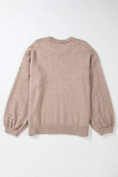 Plus Size Pearl Detail Round Neck Long Sleeve Sweater