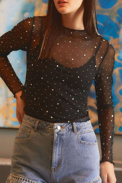 Rhinestone Sheer Mesh Mock Neck Long Sleeve Top